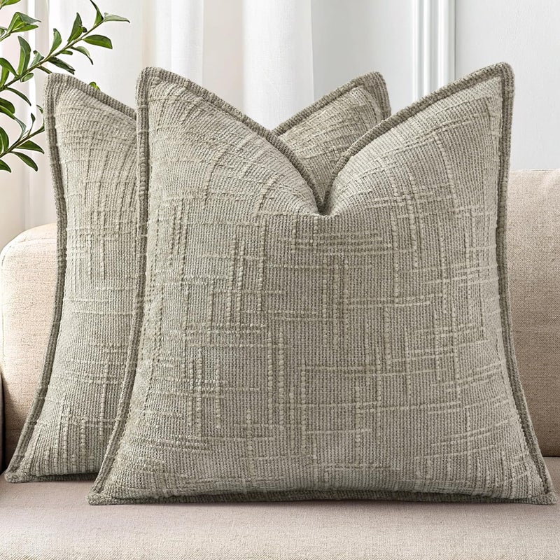 ديكور يو هوم أغطية وسائد زينة من الشنيل decorUhome 16x16 مجموعة من 2، أغطية وسائد زينة محايدة سميكة ذات ملمس خشن بتصميم أنيق للأريكة والأريكة وغرفة المعيشة، بلون بني فاتح - Image 1