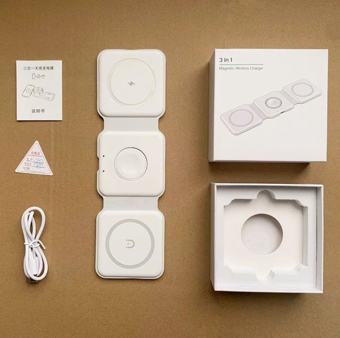 Three-in-one magnetic wireless charger factory direct magnetic wireless charger folding for Apple mobile phone watch S30 white belt packing box 