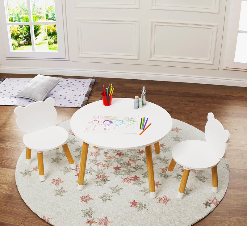 UTEX Kids Wood Table and Chair Set, Kids Play Table with 2 Chairs,3 Pieces Wood Round Table for Toddlers, Girls, Boys,White - Image 1