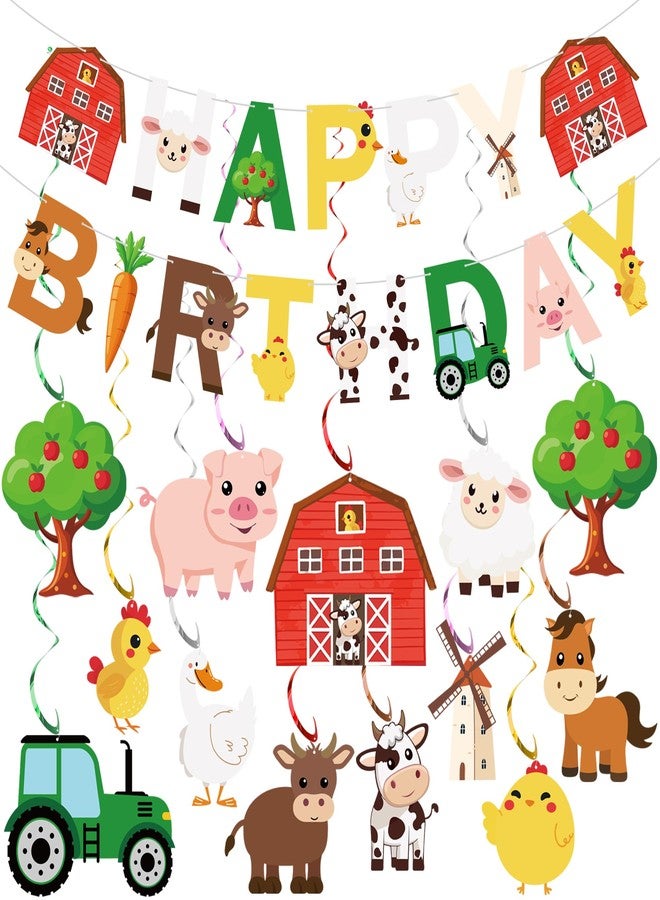 Maniaacer 50 PCS Farm Animals Party Decorations Happy Birthday Banner and Hanging Swirls Animal Theme Foil Hanging Streamers for Farm Theme Birthday Party Supplies - Image 1