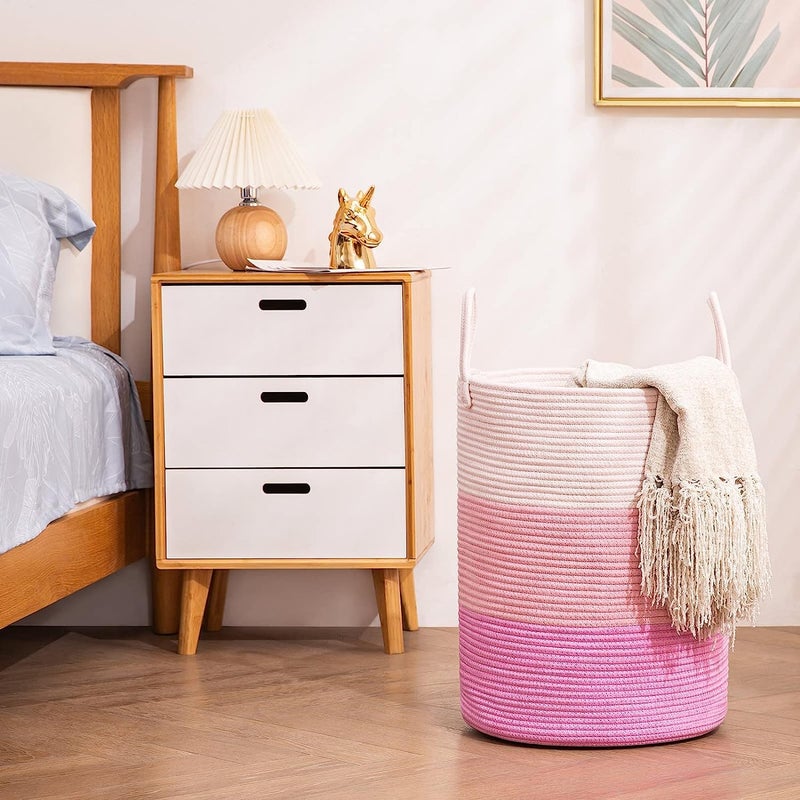 BRISHTl ® Woven Rope Laundry Hamper Basket, Baby Nursery Hamper For Blanket Storage, Clothes Hamper For Laundry In Bedroom,Hall ( Small (41L) (14"X14"X16"),(Pink)) - Image 2