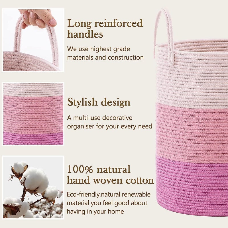 BRISHTl ® Woven Rope Laundry Hamper Basket, Baby Nursery Hamper For Blanket Storage, Clothes Hamper For Laundry In Bedroom,Hall ( Small (41L) (14"X14"X16"),(Pink)) - Image 3