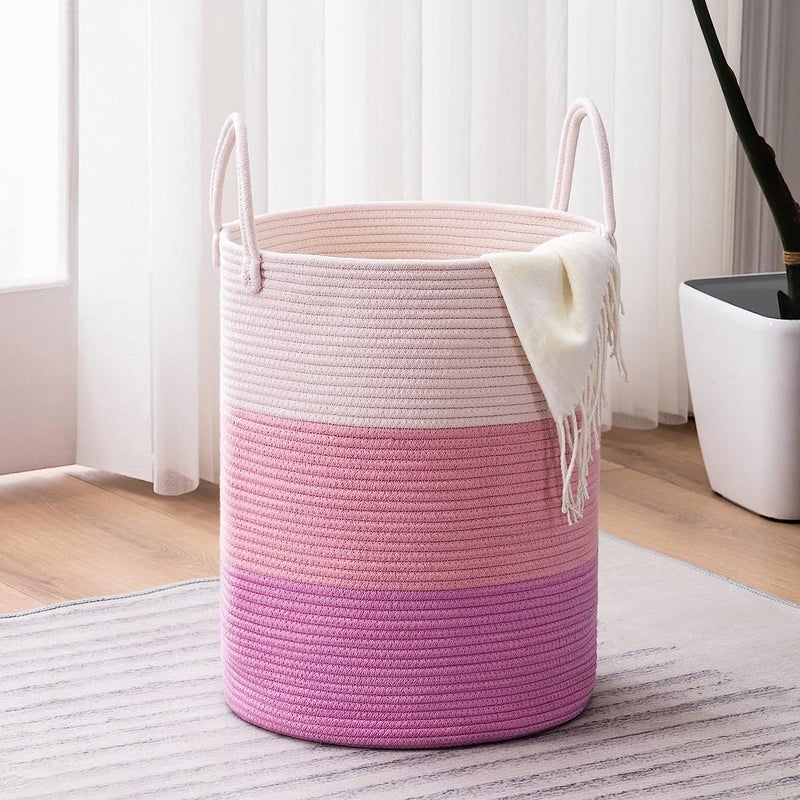 BRISHTl ® Woven Rope Laundry Hamper Basket, Baby Nursery Hamper For Blanket Storage, Clothes Hamper For Laundry In Bedroom,Hall ( Small (41L) (14"X14"X16"),(Pink)) - Image 1