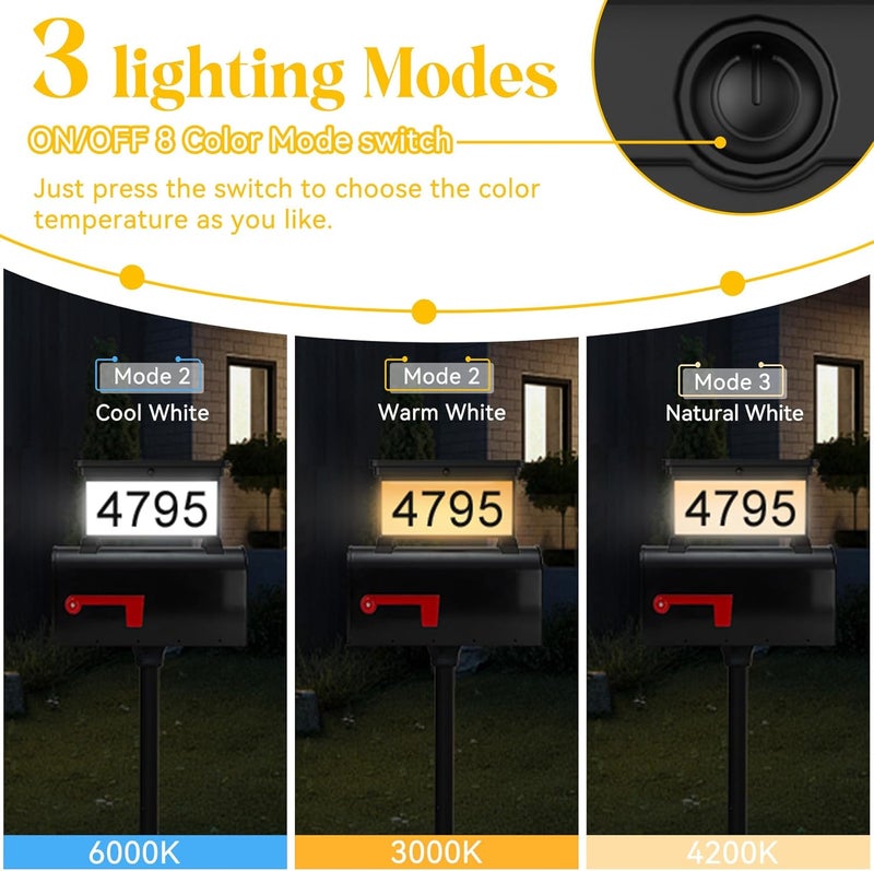 LumiZen علامة عنوان شمسية، لوحة رقم صندوق بريد مضاءة LED مزدوجة الجوانب بثلاثة ألوان، لوحة عنوان مقاومة للماء للاستخدام الخارجي، أرقام العنوان، أرقام المنازل - Image 5