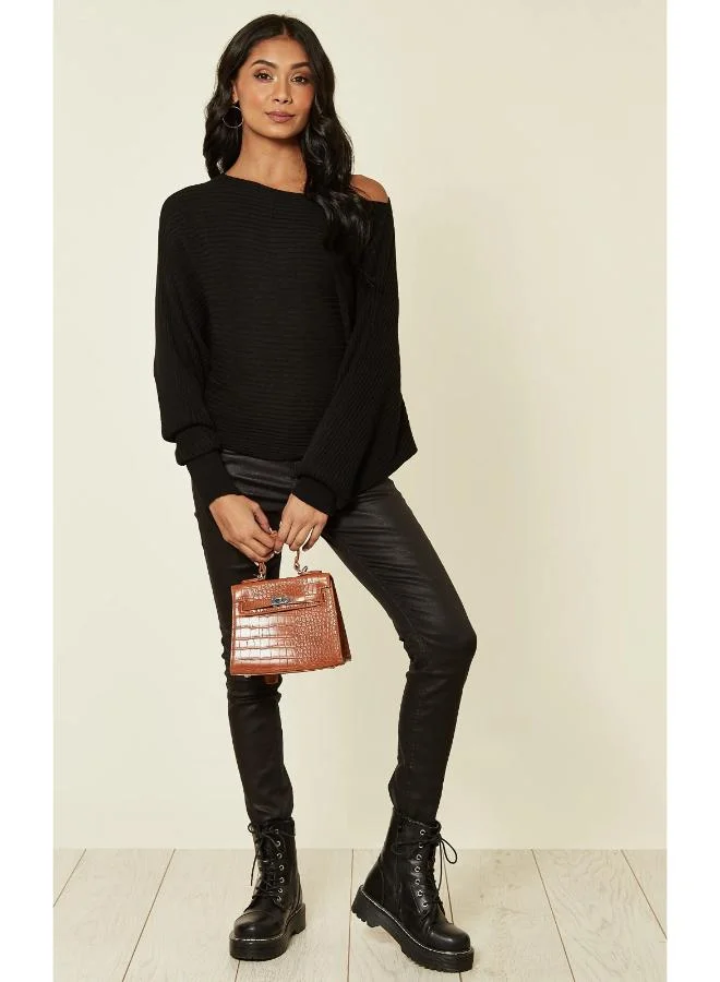Hoxton Gal Relaxed Fit Black Knitted Sweater – Long Sleeve Crew Neck Jumper