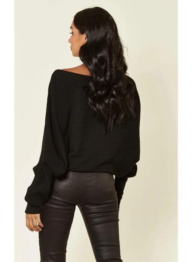 Hoxton Gal Relaxed Fit Black Knitted Sweater – Long Sleeve Crew Neck Jumper