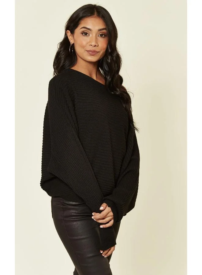 Hoxton Gal Relaxed Fit Black Knitted Sweater – Long Sleeve Crew Neck Jumper