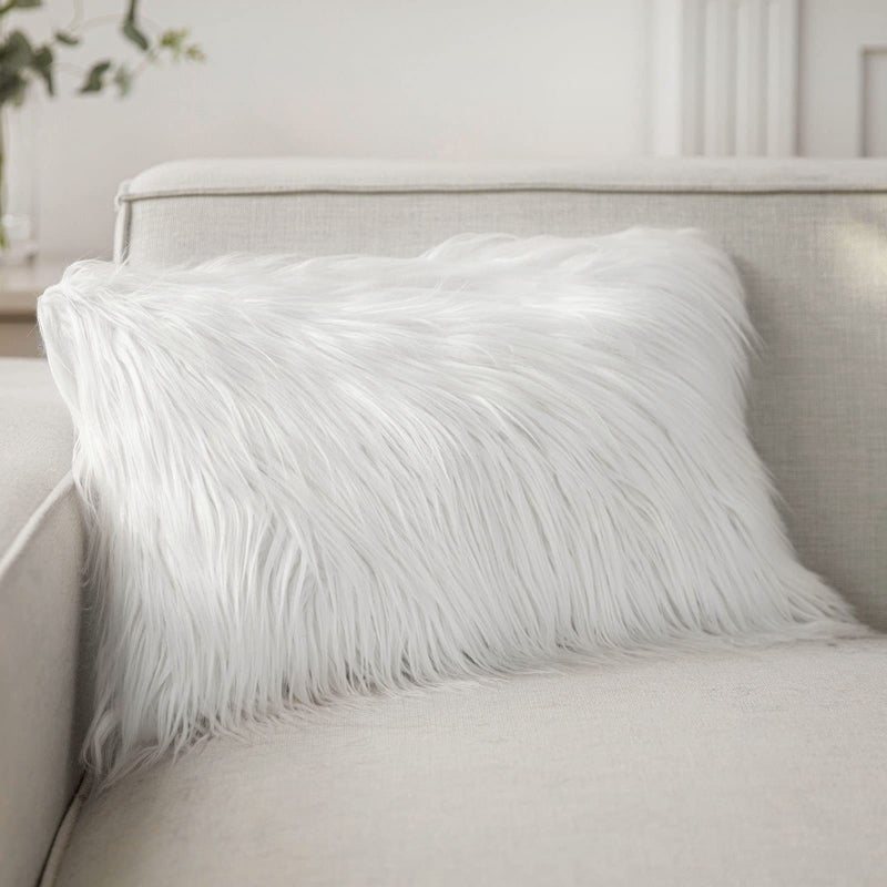 Phantoscope Faux Fur Solid Decorative Pillow Cover Fluffy Throw Pillow Mongolian Luxury Fuzzy Pillow Case Cushion Cover for Bedroom and CouchTrue White 12 x 20 Inches