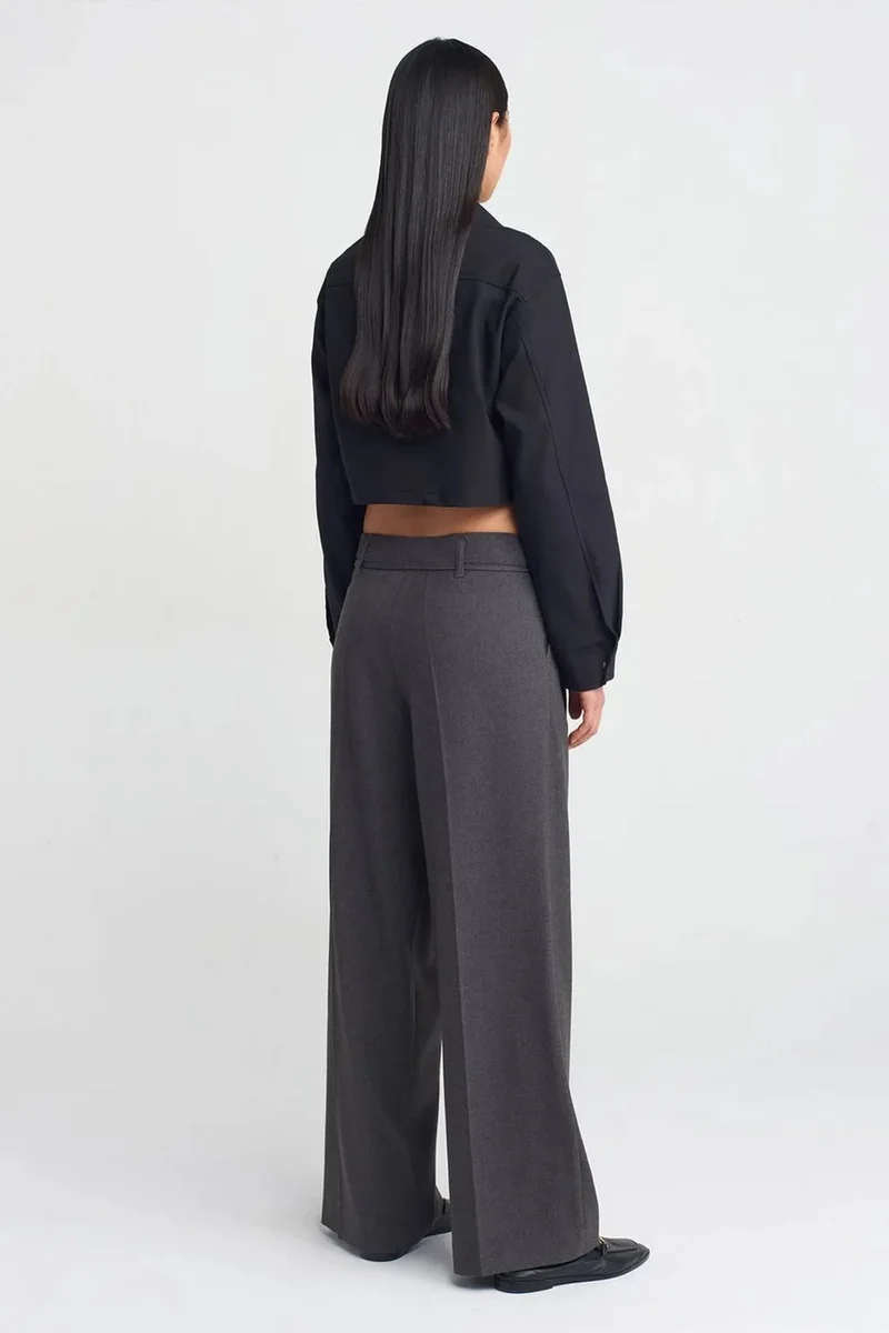 Dilvin Charcoal Grey DILVIN Wide-Leg Pleated Crepe Trousers for Women | Best Price UAE