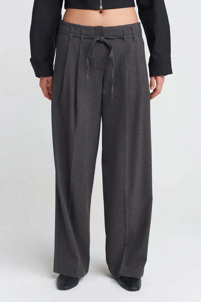 Dilvin Charcoal Grey DILVIN Wide-Leg Pleated Crepe Trousers for Women | Best Price UAE