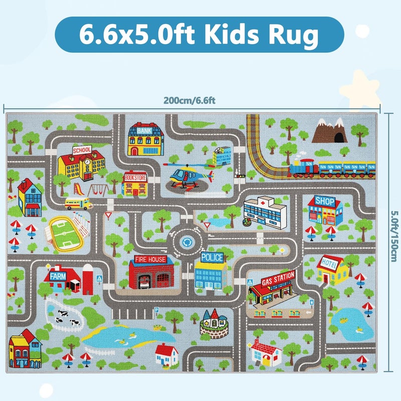 Capslpad Kids Rug Educational Play Rug 6.6' x 5' Traffic Road Kids Car Mat Large Learning Play Game Area Rug Kid Carpet for Playroom Living Room Nursery Room Decor, Sky Blue - Image 2