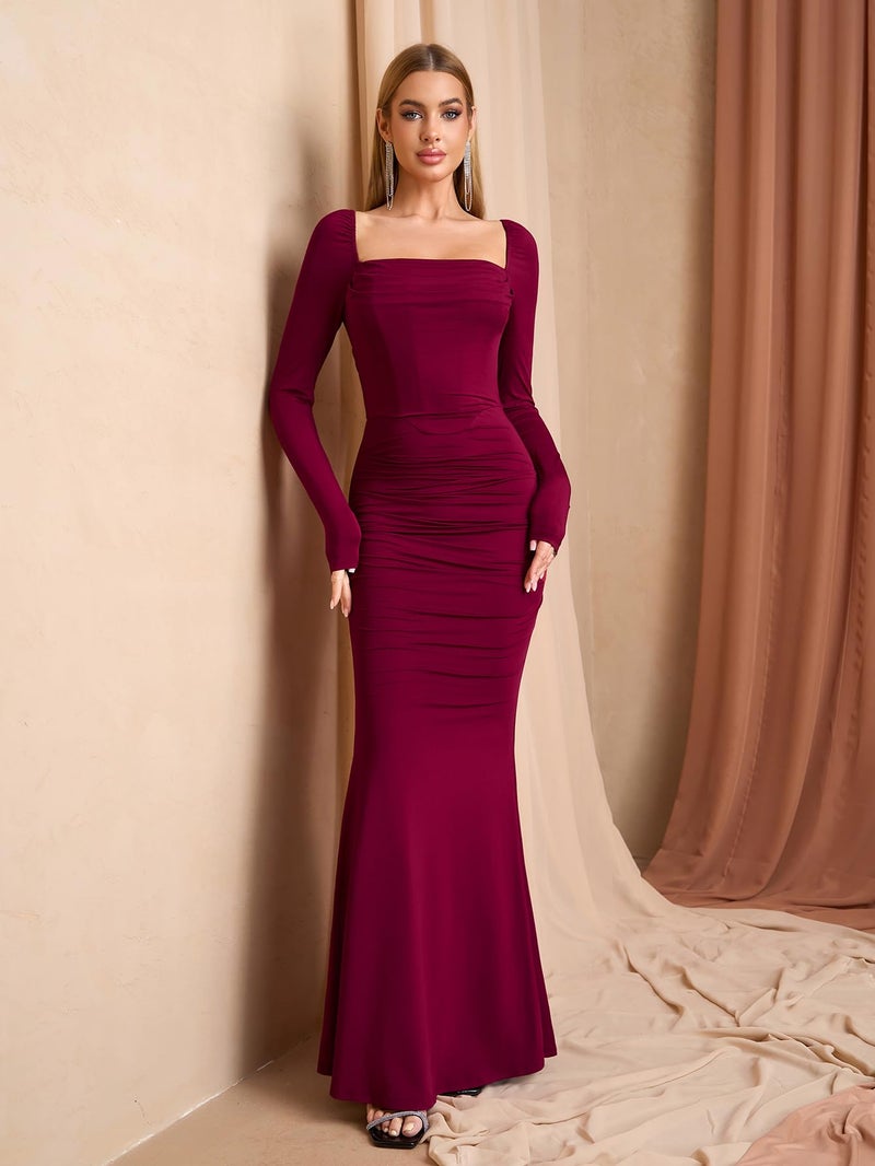 EYNMIN Corset Maxi Dress Long Sleeve Square Neck Ruched Bodycon Elegant Formal Wedding Guest Dresses for Women Wine - Image 5