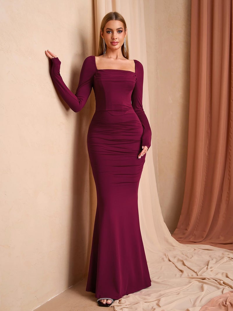 EYNMIN Corset Maxi Dress Long Sleeve Square Neck Ruched Bodycon Elegant Formal Wedding Guest Dresses for Women Wine - Image 4