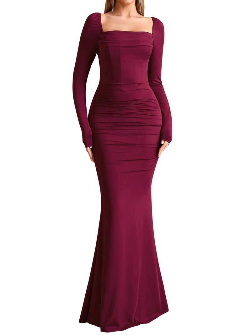 EYNMIN Corset Maxi Dress Long Sleeve Square Neck Ruched Bodycon Elegant Formal Wedding Guest Dresses for Women Wine - Image 1