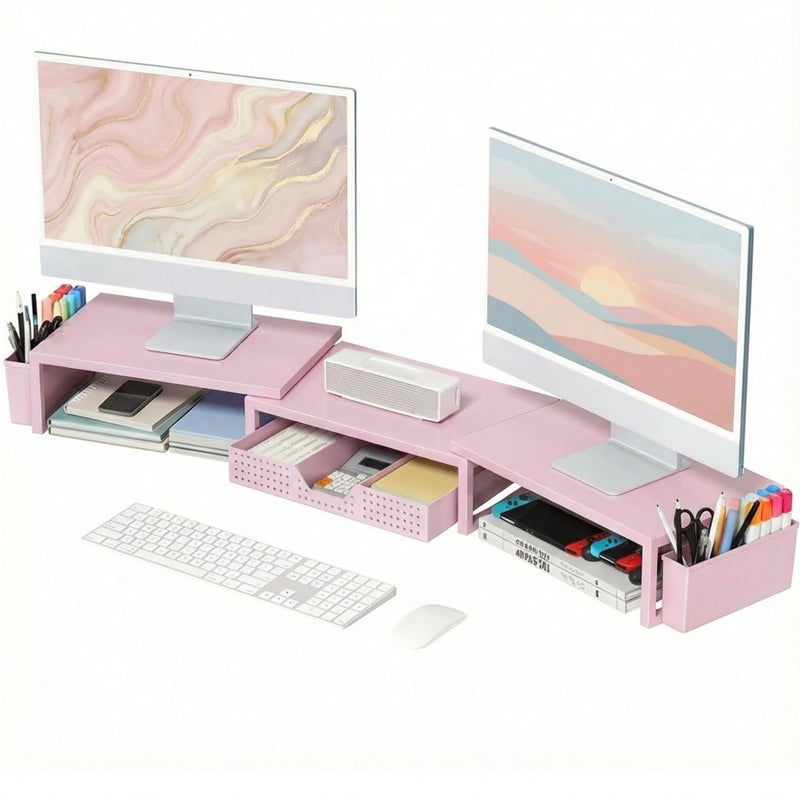 OPNICE Desk Organizers and Accessories, Dual Monitor Stand Riser with Drawer and 2 Pen Holders, Desk Shelf Metal Computer Racks for Office Workspace Organizers, Desktop Organization (Pink Metal) - Image 1