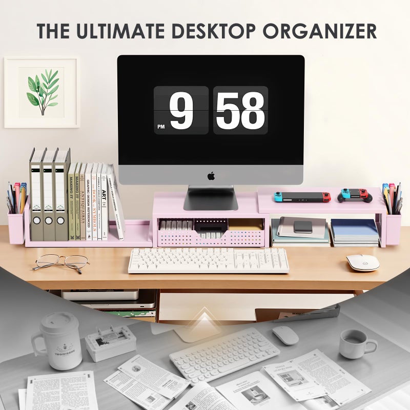 OPNICE Desk Organizers and Accessories, Dual Monitor Stand Riser with Drawer and 2 Pen Holders, Desk Shelf Metal Computer Racks for Office Workspace Organizers, Desktop Organization (Pink Metal) - Image 5