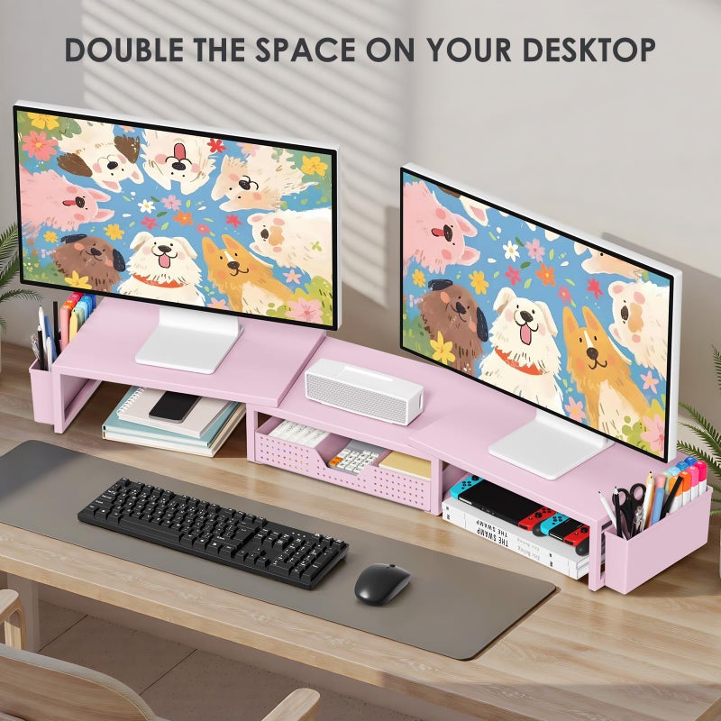 OPNICE Desk Organizers and Accessories, Dual Monitor Stand Riser with Drawer and 2 Pen Holders, Desk Shelf Metal Computer Racks for Office Workspace Organizers, Desktop Organization (Pink Metal) - Image 4