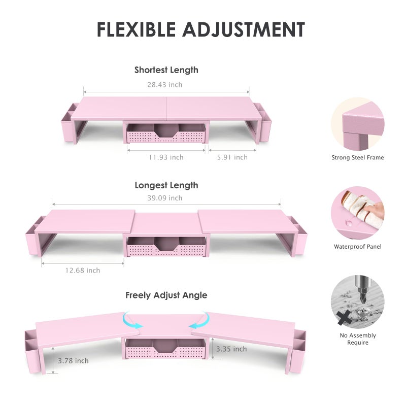 OPNICE Desk Organizers and Accessories, Dual Monitor Stand Riser with Drawer and 2 Pen Holders, Desk Shelf Metal Computer Racks for Office Workspace Organizers, Desktop Organization (Pink Metal) - Image 3