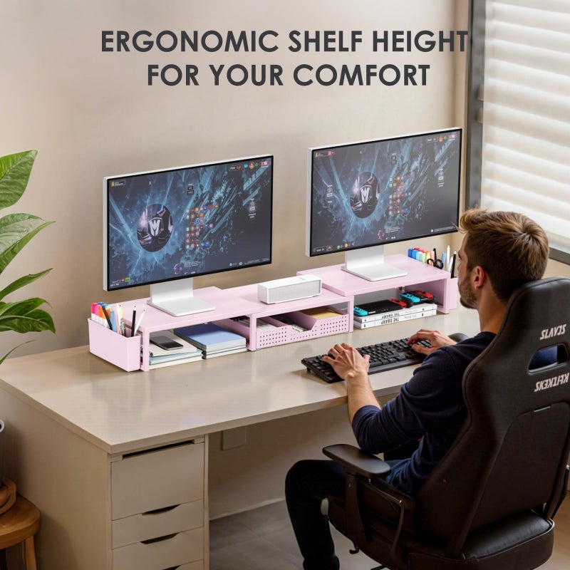 OPNICE Desk Organizers and Accessories, Dual Monitor Stand Riser with Drawer and 2 Pen Holders, Desk Shelf Metal Computer Racks for Office Workspace Organizers, Desktop Organization (Pink Metal) - Image 2