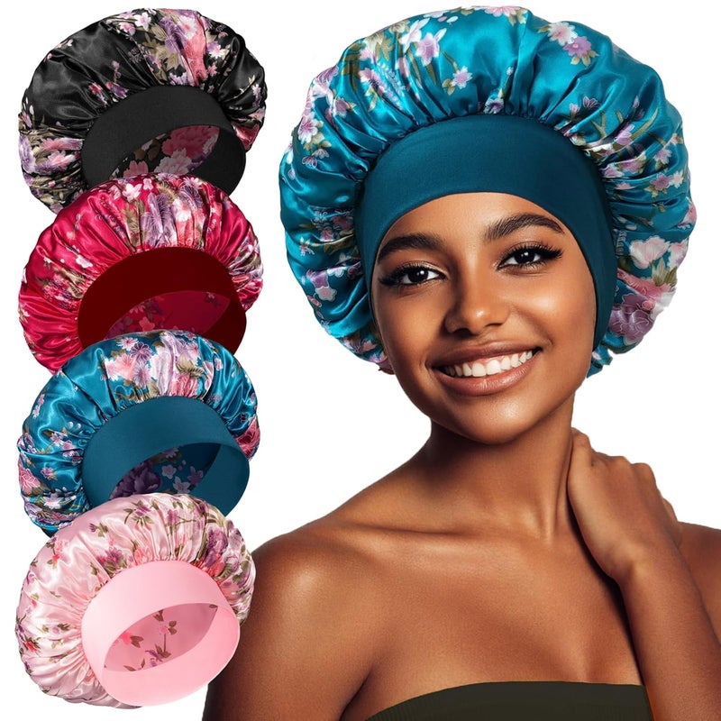 vidsel 4PCS Satin Bonnet, Bonnets for Women, Silk Hair Bonnet for Sleeping, Wide Band Sleep Cap for Curly Hair Braids
