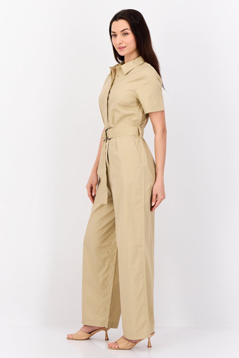 ESPRIT Women Solid Short Sleeves Belted Jumpsuit, Khaki - Image 2