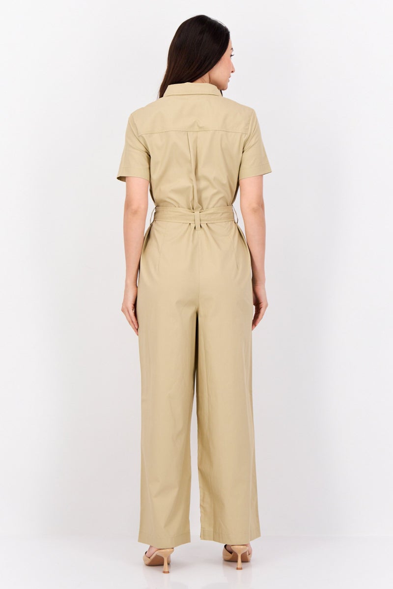 ESPRIT Women Solid Short Sleeves Belted Jumpsuit, Khaki - Image 4
