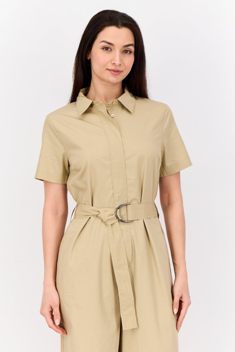 ESPRIT Women Solid Short Sleeves Belted Jumpsuit, Khaki - Image 3