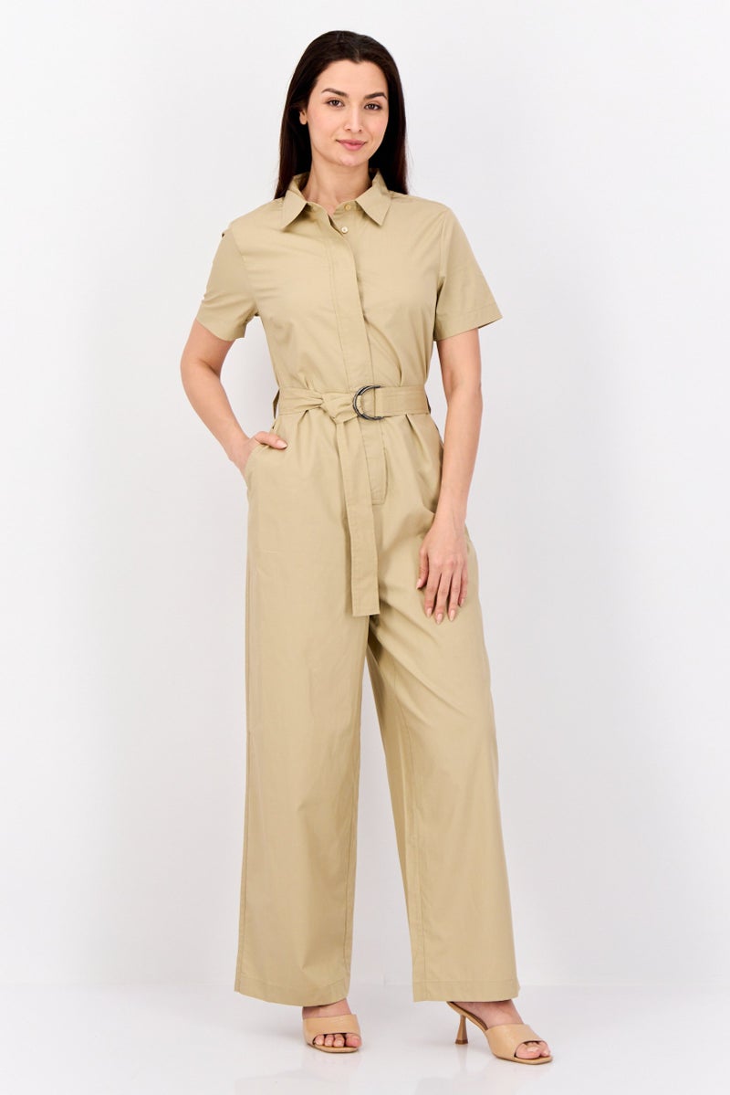 ESPRIT Women Solid Short Sleeves Belted Jumpsuit, Khaki - Image 1