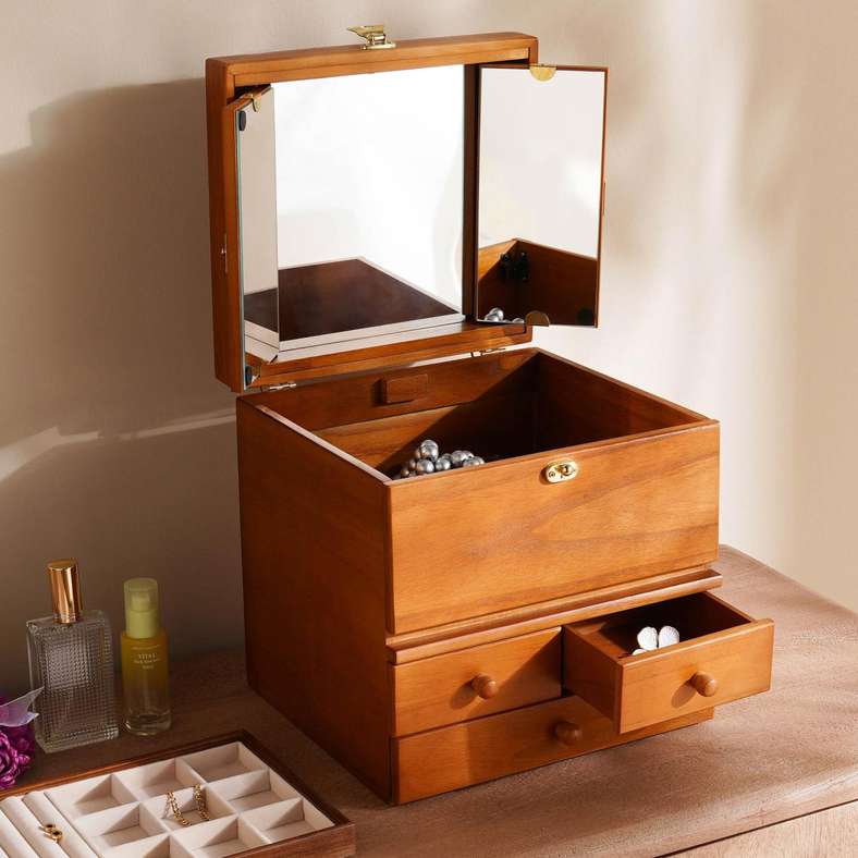 Signature Large Jewellery organiser With 4 Drawer  and Mirror 28.7X27X34.2cm-Natural Gloss