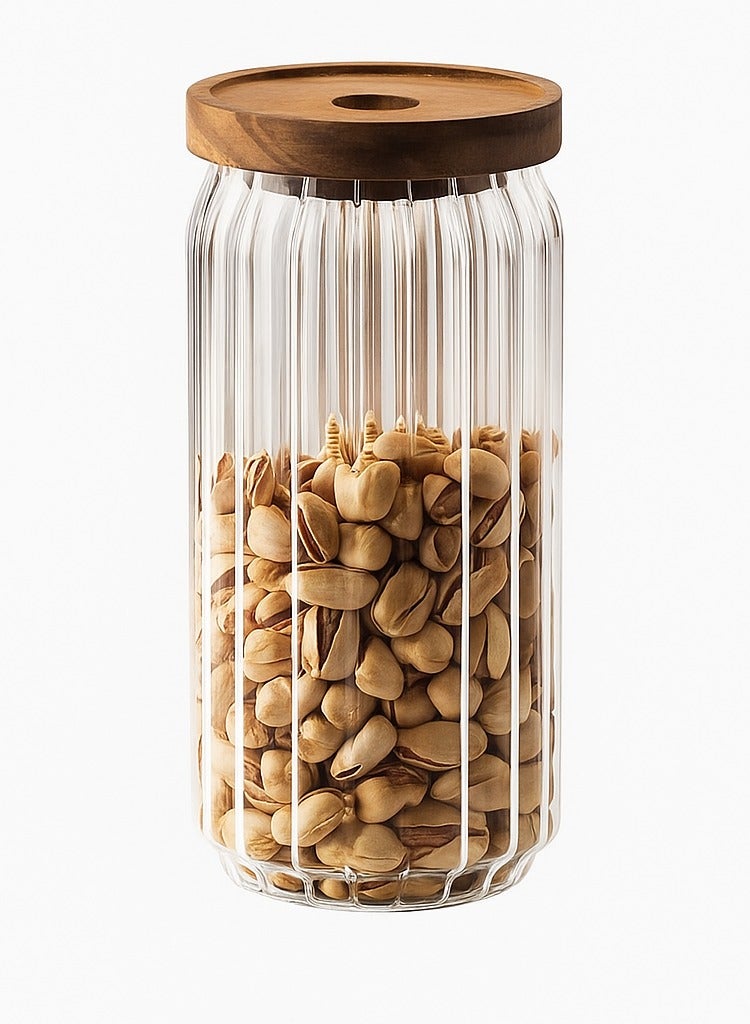 Homesmiths Homesmiths Borosilicate Stripe Glass Food Storage Jar with Acacia Wood Lid, 900ml, 20cm – Durable and Stylish Kitchen Storage Solution - Image 1