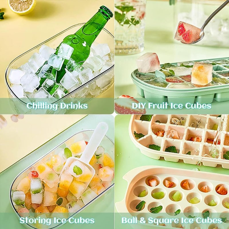 BIGTHREE Ice Cube Tray with Non-Spill Removable Lid, 54 Silicone and Flexible Ice Cube Trays for Freezer, Ice Cube Maker and Squares & Round Ball Ice Cube Moulds with Storage Bin and Ice Scoop, Green - Image 3