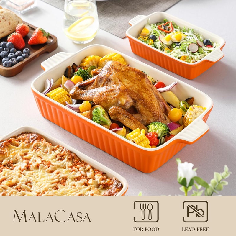 MALACASA Bakeware Set of 4, Porcelain Baking Pans Set for Oven, Casserole Dish, Ceramic Rectangular Baking Dish Lasagna Pans for Cooking Cake Kitchen, Orange(9.4"/11.1"/12.2"/14.7"), Series BAKE.BAKE - Image 3