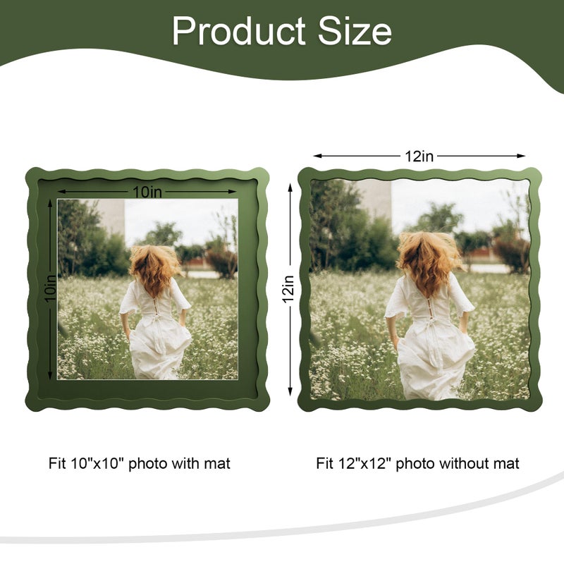 THKRLOF 12x12 Picture Frame with Mat for 10x10, Wavy Edge Wooden Real Glass Photo Frame for Wall Hanging, Green, 1 Pack - Image 3
