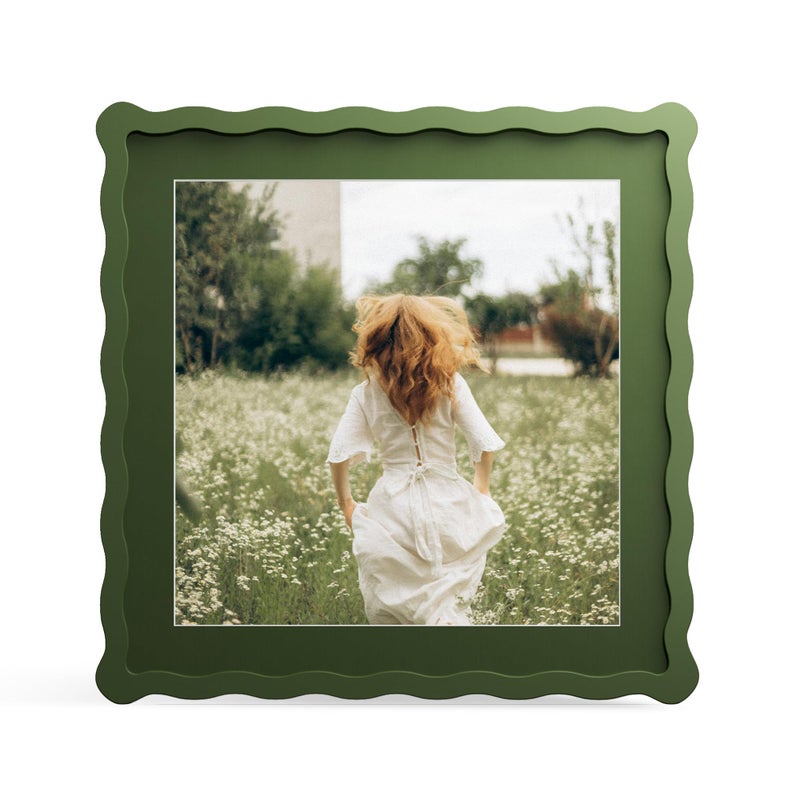 THKRLOF 12x12 Picture Frame with Mat for 10x10, Wavy Edge Wooden Real Glass Photo Frame for Wall Hanging, Green, 1 Pack - Image 1