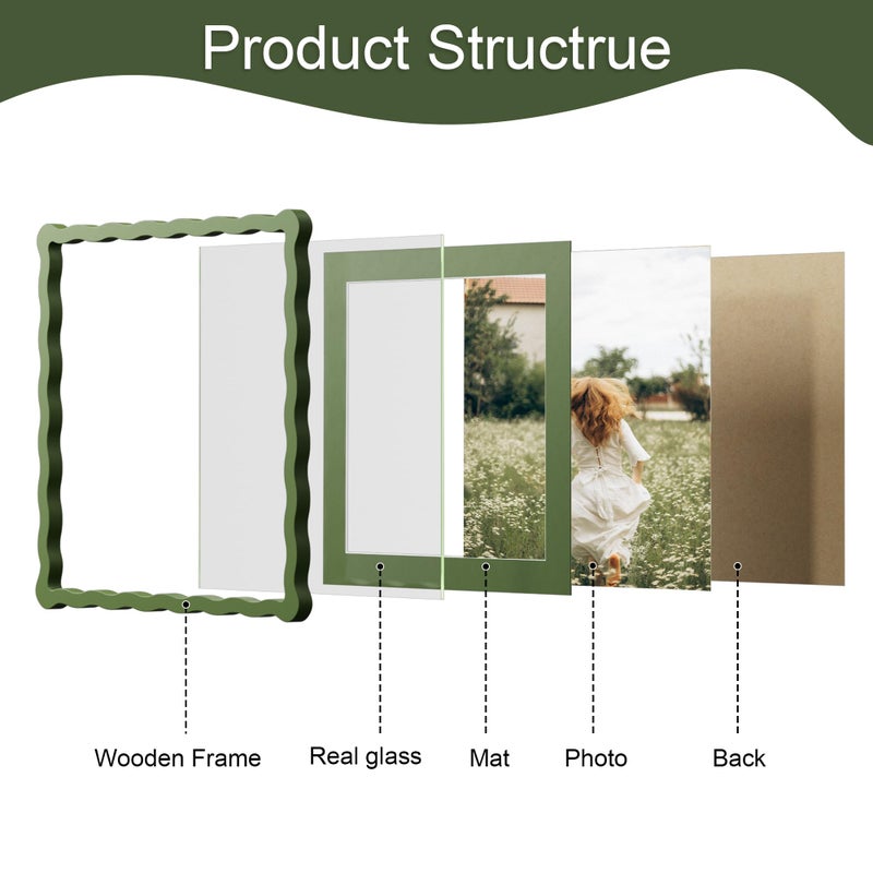 THKRLOF 12x12 Picture Frame with Mat for 10x10, Wavy Edge Wooden Real Glass Photo Frame for Wall Hanging, Green, 1 Pack - Image 5
