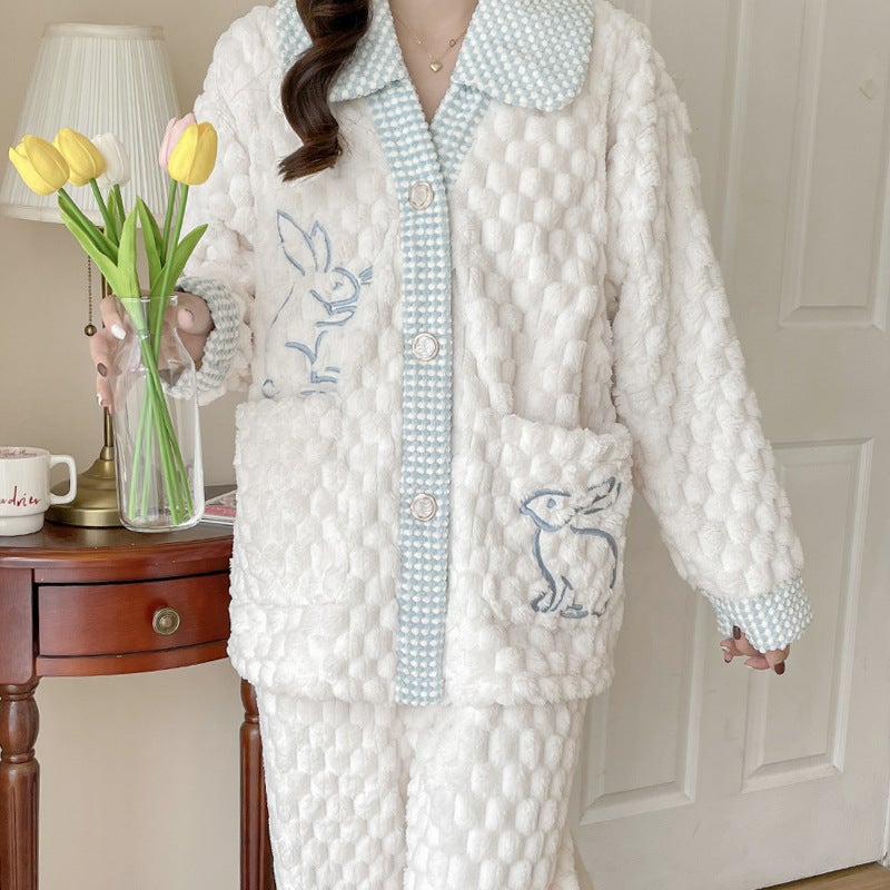Cozy Coral Fleece Maternity Pajamas Set 235 cute rabbit White 