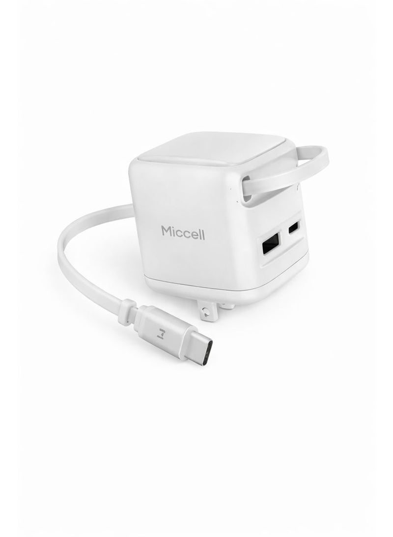 ميكسل شاحن حائط سريع مايسيل (Miccell) 35 واط بتقنية GaN مع كابل تايب سي (Type-C) مدمج قابل للسحب ومنافذ USB-A و USB-C - أبيض - Image 1