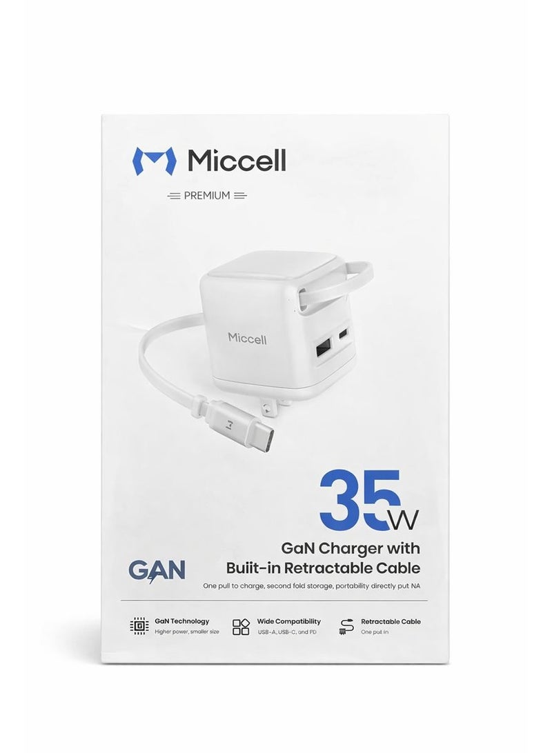 ميكسل شاحن حائط سريع مايسيل (Miccell) 35 واط بتقنية GaN مع كابل تايب سي (Type-C) مدمج قابل للسحب ومنافذ USB-A و USB-C - أبيض - Image 5