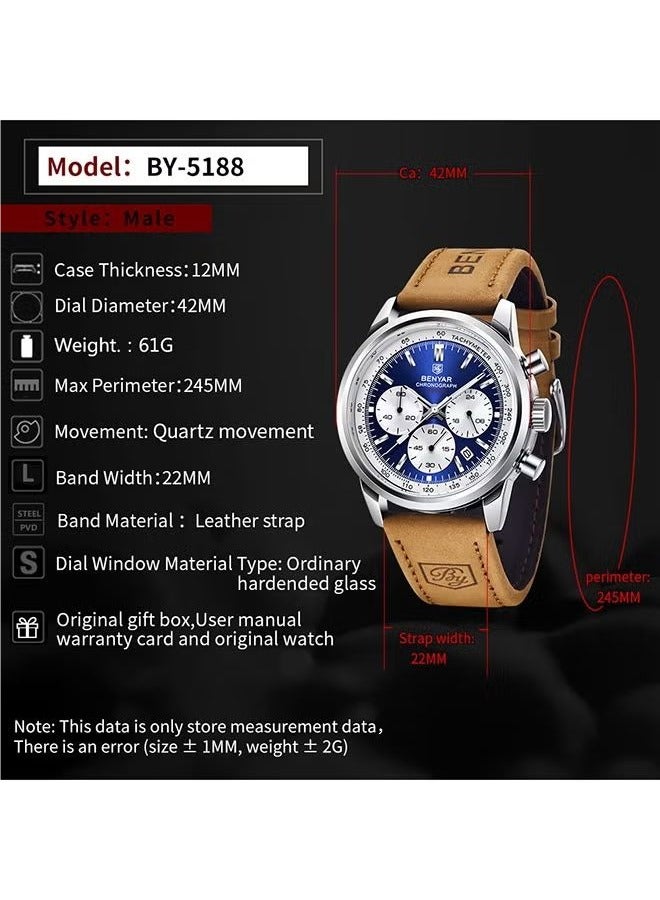 BENYAR Men's watches waterproof watches men's multifunctional chronograph fashion business work leisure watch calendar BY-5188 - Image 5