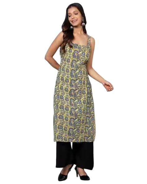 PATLANI Women's Cotton BLENED Sleeveless Printed Full Stitched Kurti.(k-199) Yellow - Image 1