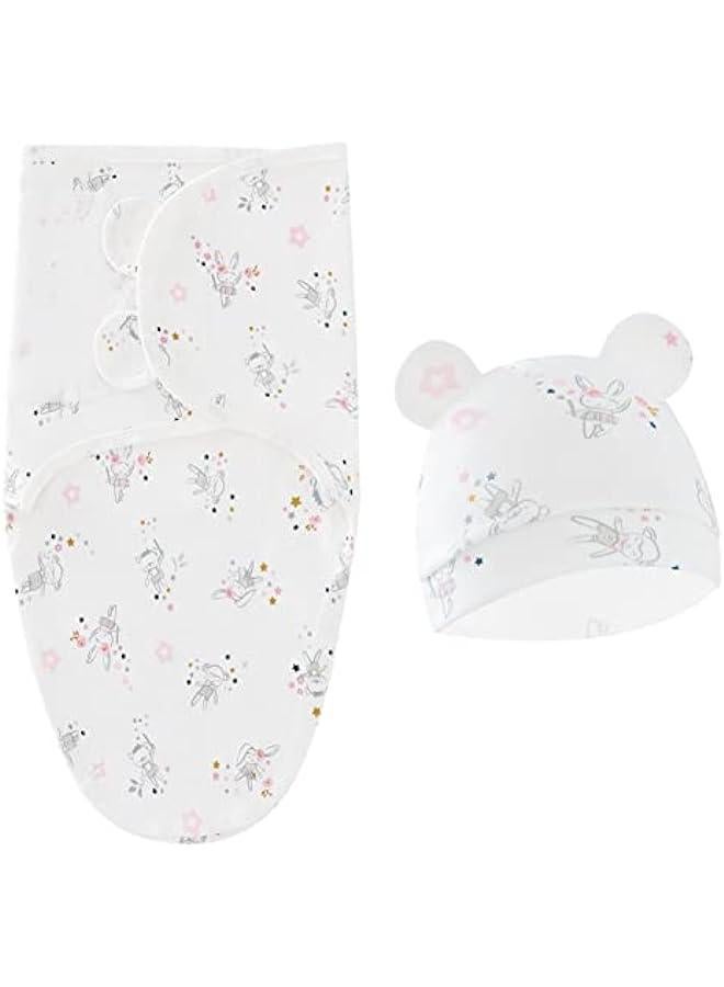 Breathable Organic Cotton Baby Swaddle Set with Hat for Newborn Girls, 0-3 Months (White)  - Image 1