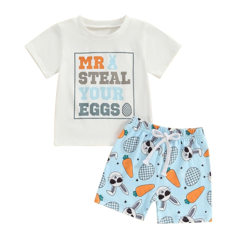 Okbabeha Toddler Baby Boy Easter Outfit Mr Steal Your Eggs Shirt Carrot Bunny Shorts 2Pcs Boys Easter Clothing Set 6M-4T (Mr Steal Your Eggs-Blue, 18-24 Months) - Image 1