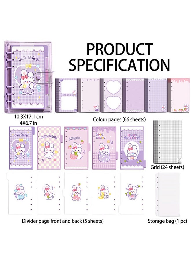 BiuTFon 2 pcs A6 Refillable Notebook, 6 Ring Transparent PVC Planner Binder Cover with Colorful Planner Refill Cute Loose Leaf Paper, Cartoon Dividers and Zipper Pocket  - Image 2