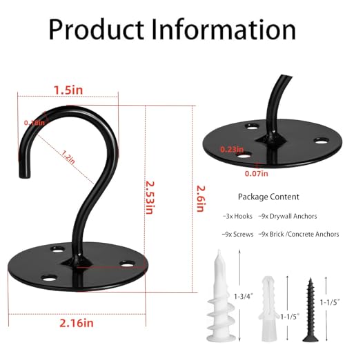LangPu Ceiling Hooks for Hanging Plants-Heavy Duty Wall Mount Hanger Bracket for Hanging Bird Feeders, Lanterns, Wind Chimes, Planters, Outdoor Decoration (3 Pack) (Black) - Image 2