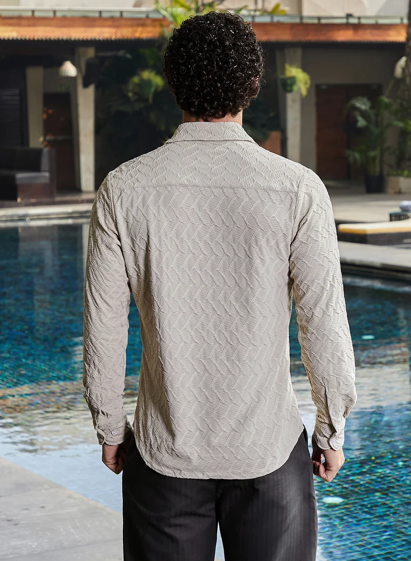 Campus Sutra Men's Cream Beige Herringbone-Tactile Shirt
