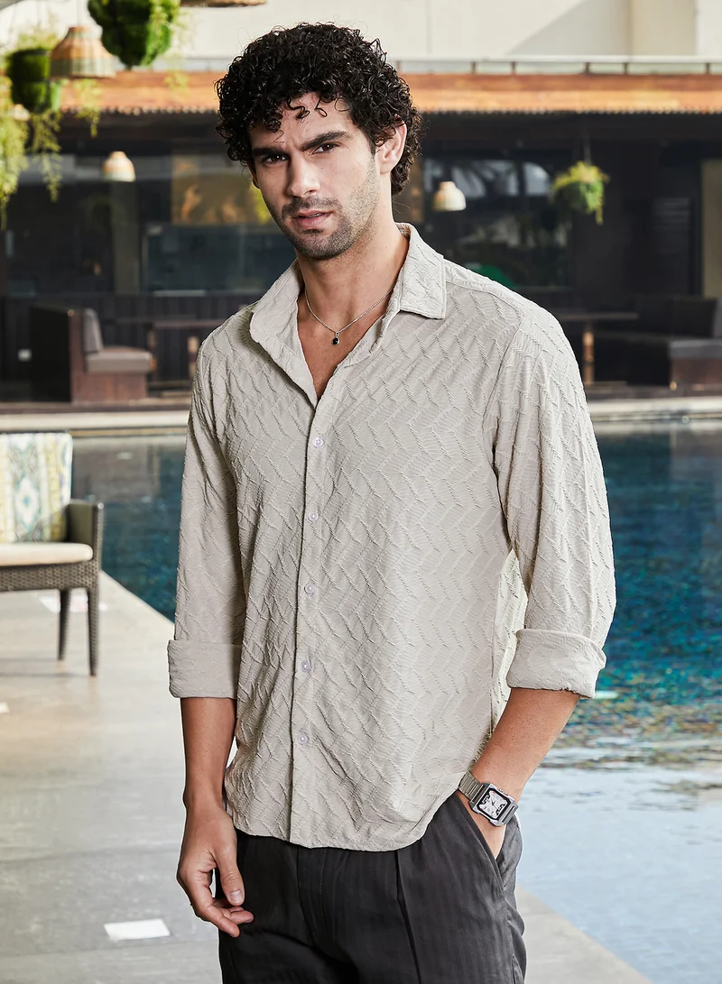 Campus Sutra Men's Cream Beige Herringbone-Tactile Shirt