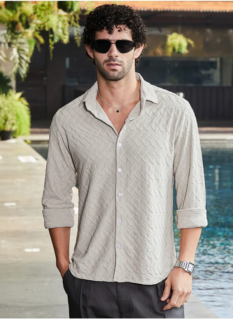كامبوس سوترا Men's Cream Beige Herringbone-Tactile Shirt