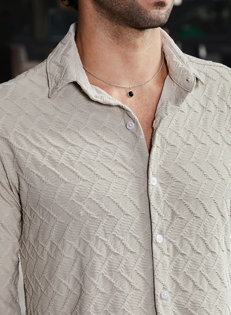Campus Sutra Men's Cream Beige Herringbone-Tactile Shirt