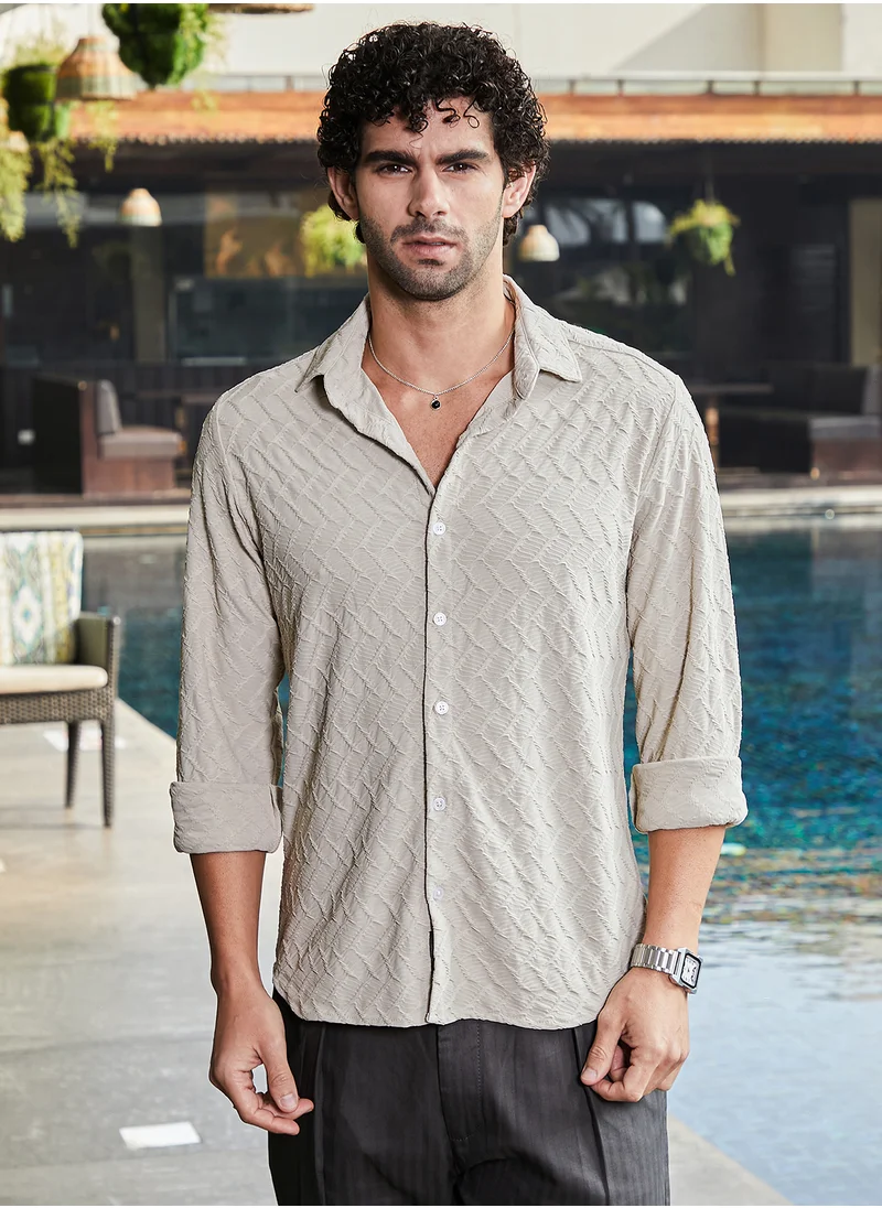 كامبوس سوترا Men's Cream Beige Herringbone-Tactile Shirt
