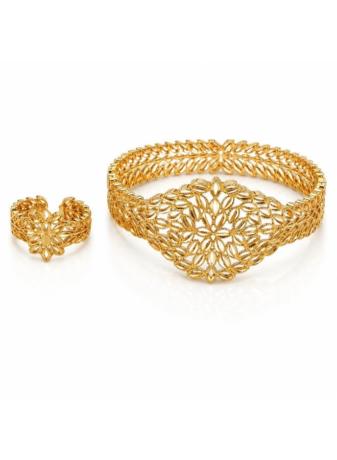 Women’s Gold-Tone Floral Leaf Filigree Bracelet and Ring Set, 2 Pieces